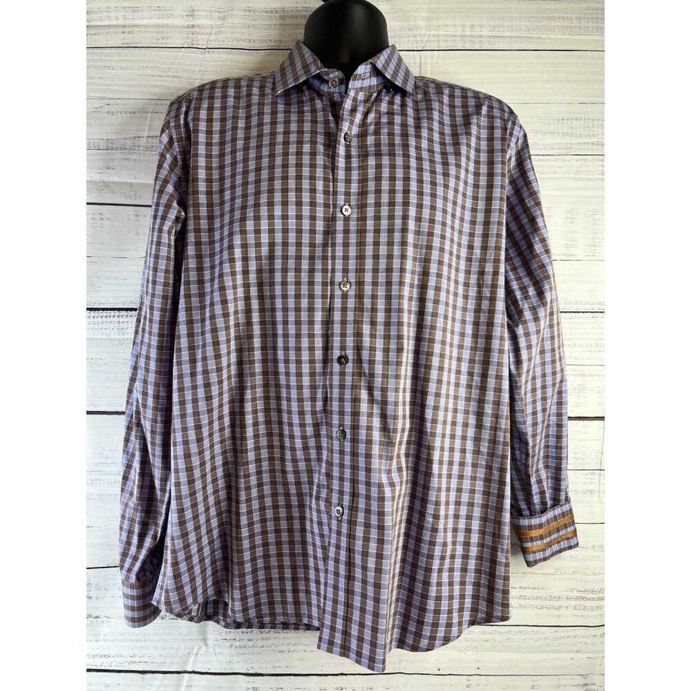 Robert Graham Men’s L Plaid Button-Up Shirt Purple Brown Cotton Modern Americana